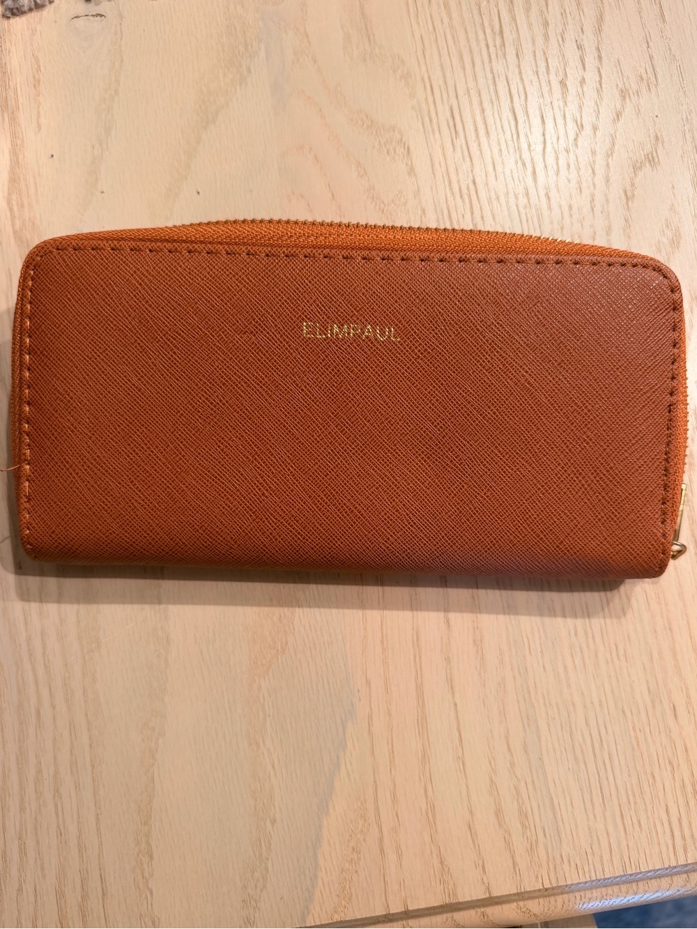 Elimpaul Cognac Brown Saffiano-Style Zip Around Wallet